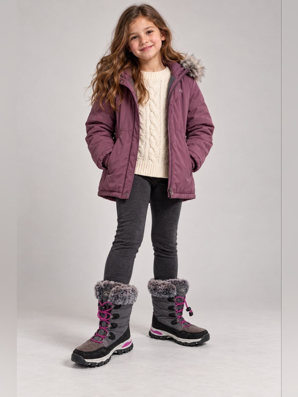 🥝HOBIBEAR Girls’ Faux-Fur Lined Winter Boots – Gray & Pink – EU 33
